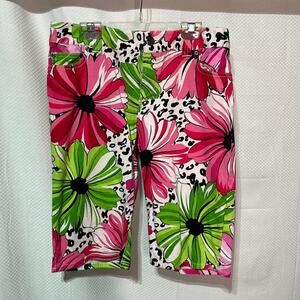 For The Republic 6 bright floral long short jean style slim leg euc pink black